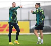 22 September 2022; James McClean and Seamus Coleman during a Republic of Ireland training session at the FAI National Training Centre in Abbotstown, Dublin. Photo by Stephen McCarthy/Sportsfile