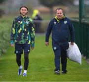 22 September 2022; Jeff Hendrick and kitman Mal Slattery during a Republic of Ireland training session at the FAI National Training Centre in Abbotstown, Dublin. Photo by Stephen McCarthy/Sportsfile