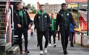 22 September 2022; Shamrock Rovers players, from left, Dan Cleary, Jack Byrne and Aidomo Emakhu, arrive before the SSE Airtricity League Premier Division match between Shelbourne and Shamrock Rovers at Tolka Park in Dublin. Photo by Sam Barnes/Sportsfile