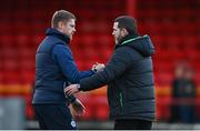 22 September 2022; Shelbourne manager Damien Duff, left, and Shamrock Rovers manager Stephen Bradley shake hands before the SSE Airtricity League Premier Division match between Shelbourne and Shamrock Rovers at Tolka Park in Dublin. Photo by Sam Barnes/Sportsfile