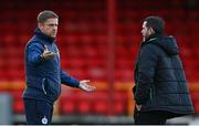 22 September 2022; Shelbourne manager Damien Duff, left, and Shamrock Rovers manager Stephen Bradley in conversation before the SSE Airtricity League Premier Division match between Shelbourne and Shamrock Rovers at Tolka Park in Dublin. Photo by Sam Barnes/Sportsfile