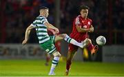 22 September 2022; Gary O'Neill of Shamrock Rovers in action against Matty Smith of Shelbourne during the SSE Airtricity League Premier Division match between Shelbourne and Shamrock Rovers at Tolka Park in Dublin. Photo by Sam Barnes/Sportsfile