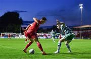 22 September 2022; Matty Smith of Shelbourne in action against Gary O'Neill of Shamrock Rovers during the SSE Airtricity League Premier Division match between Shelbourne and Shamrock Rovers at Tolka Park in Dublin. Photo by Sam Barnes/Sportsfile