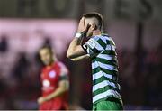 22 September 2022; Ronan Finn of Shamrock Rovers reacts after a missed chance during the SSE Airtricity League Premier Division match between Shelbourne and Shamrock Rovers at Tolka Park in Dublin. Photo by Sam Barnes/Sportsfile