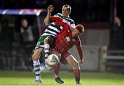 22 September 2022; Sean Kavanagh of Shamrock Rovers in action against Aodh Dervin of Shelbourne during the SSE Airtricity League Premier Division match between Shelbourne and Shamrock Rovers at Tolka Park in Dublin. Photo by Sam Barnes/Sportsfile