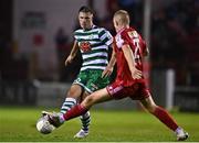 22 September 2022; Dan Cleary of Shamrock Rovers in action against Gavin Molloy of Shelbourne during the SSE Airtricity League Premier Division match between Shelbourne and Shamrock Rovers at Tolka Park in Dublin. Photo by Sam Barnes/Sportsfile