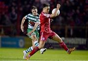 22 September 2022; Dan Cleary of Shamrock Rovers has a shot on goal which is blocked by Matty Smith of Shelbourne during the SSE Airtricity League Premier Division match between Shelbourne and Shamrock Rovers at Tolka Park in Dublin. Photo by Sam Barnes/Sportsfile