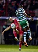 22 September 2022; Mark Coyle of Shelbourne in action against Aidomo Emakhu of Shamrock Rovers during the SSE Airtricity League Premier Division match between Shelbourne and Shamrock Rovers at Tolka Park in Dublin. Photo by Sam Barnes/Sportsfile