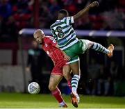 22 September 2022; Mark Coyle of Shelbourne in action against Aidomo Emakhu of Shamrock Rovers during the SSE Airtricity League Premier Division match between Shelbourne and Shamrock Rovers at Tolka Park in Dublin. Photo by Sam Barnes/Sportsfile