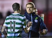 22 September 2022; Shelbourne manager Damien Duff shakes hands with Sean Kavanagh of Shamrock Rovers after the SSE Airtricity League Premier Division match between Shelbourne and Shamrock Rovers at Tolka Park in Dublin. Photo by Sam Barnes/Sportsfile