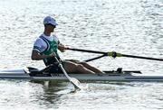 23 September 2022; Hugh Moore of Ireland on his way to finishing third in the Lightweight Men's Single Sculls final D during day 6 of the World Rowing Championships 2022 at Racice in Czech Republic. Photo by Piaras Ó Mídheach/Sportsfile