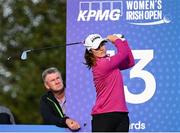 23 September 2022; Leona Maguire of Ireland watches her tee shot on the 13th tee box during round two of the KPMG Women's Irish Open Golf Championship at Dromoland Castle in Clare. Photo by Brendan Moran/Sportsfile