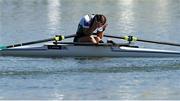 23 September 2022; Katie O'Brien of Ireland reacts after winning the PR2 Women's Single Sculls final A during day 6 of the World Rowing Championships 2022 at Racice in Czech Republic. Photo by Piaras Ó Mídheach/Sportsfile