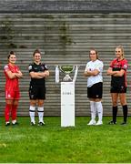 23 September 2022; Players, from left, Keeva Keenan of Shelbourne, Ciara Rossiter of Wexford Youths, Niamh Coombes of Athlone Town and Chloe Darby of Bohemians during a 2022 EVOKE.ie FAI Women's Cup Semi-Finals Media Day at FAI National Training Centre in Abbotstown, Dublin. Photo by Eóin Noonan/Sportsfile
