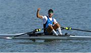 23 September 2022; Gabriel Soares of Italy celebrates after winning the Lightweight Men's Single Sculls Final A during day 6 of the World Rowing Championships 2022 at Racice in Czech Republic. Photo by Piaras Ó Mídheach/Sportsfile