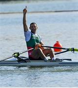 23 September 2022; Sid Ali Boudina of Algeria celebrates after winning the Lightweight Men's Single Sculls final B during day 6 of the World Rowing Championships 2022 at Racice in Czech Republic. Photo by Piaras Ó Mídheach/Sportsfile