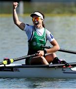 23 September 2022; Katie O'Brien of Ireland celebrates after winning the PR2 Women's Single Sculls final A during day 6 of the World Rowing Championships 2022 at Racice in Czech Republic. Photo by Piaras Ó Mídheach/Sportsfile