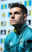 23 September 2022; John Egan during a Republic of Ireland press conference at Hampden Park in Glasgow, Scotland. Photo by Stephen McCarthy/Sportsfile