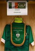 23 September 2022; A view of the match jersey and match pennant assigned to Republic of Ireland captain Conor Coventry before the UEFA European U21 Championship play-off first leg match between Republic of Ireland and Israel at Tallaght Stadium in Dublin. Photo by Eóin Noonan/Sportsfile