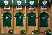23 September 2022; A view of the dressing room positions assigned to Republic of Ireland players, Ollie O'Neill, Andy Lyons, Ross Tierney and Mipo Odubeko before the UEFA European U21 Championship play-off first leg match between Republic of Ireland and Israel at Tallaght Stadium in Dublin. Photo by Eóin Noonan/Sportsfile