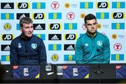 23 September 2022; Manager Stephen Kenny and John Egan during a Republic of Ireland press conference at Hampden Park in Glasgow, Scotland. Photo by Stephen McCarthy/Sportsfile