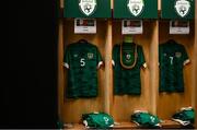 23 September 2022; A view of the dressing room positions assigned to Republic of Ireland players, Eiran Cashin, Conor Coventry and Joe Hodge before the UEFA European U21 Championship play-off first leg match between Republic of Ireland and Israel at Tallaght Stadium in Dublin. Photo by Eóin Noonan/Sportsfile