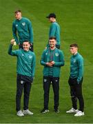 23 September 2022; Conor Coventry, left, goalkeeper Brian Maher, centre, and Gavin Kilkenny of Adam O’Reilly of Republic of Ireland before the UEFA European U21 Championship play-off first leg match between Republic of Ireland and Israel at Tallaght Stadium in Dublin. Photo by Seb Daly/Sportsfile