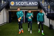 23 September 2022; Goalkeepers, from left, Mark Travers, Max O'Leary and Gavin Bazunu during a Republic of Ireland training session at Hampden Park in Glasgow, Scotland. Photo by Stephen McCarthy/Sportsfile