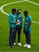 23 September 2022; Republic of Ireland players, from left, Joshua Kayode, Ademipo Odubeko and Festy Ebosele before the UEFA European U21 Championship play-off first leg match between Republic of Ireland and Israel at Tallaght Stadium in Dublin. Photo by Seb Daly/Sportsfile
