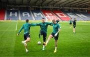 23 September 2022; Seamus Coleman, left, Matt Doherty, centre, and James McClean during a Republic of Ireland training session at Hampden Park in Glasgow, Scotland. Photo by Stephen McCarthy/Sportsfile