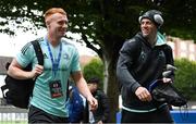 23 September 2022; Ryan Baird and Ciarán Frawley of Leinster arrive before the United Rugby Championship match between Leinster and Benetton at the RDS Arena in Dublin. Photo by Harry Murphy/Sportsfile