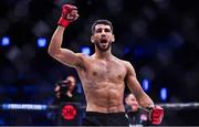 23 September 2022; Asael Adjoudj celebrates after defeating Jordan Barton by TKO during their featherweight bout during Bellator 285 at 3 Arena in Dublin. Photo by Sam Barnes/Sportsfile