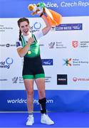 23 September 2022; Katie O'Brien of Ireland celebrates after winning the PR2 Women's Single Sculls final A during day 6 of the World Rowing Championships 2022 at Racice in Czech Republic. Photo by Piaras Ó Mídheach/Sportsfile