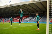 23 September 2022; Goalkeepers, from left, Gavin Bazunu, Max O'Leary and Mark Travers during a Republic of Ireland training session at Hampden Park in Glasgow, Scotland. Photo by Stephen McCarthy/Sportsfile