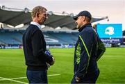 23 September 2022; Leinster head coach Leo Cullen speaks with Benetton head coach Marco Bortolami before the United Rugby Championship match between Leinster and Benetton at the RDS Arena in Dublin. Photo by Harry Murphy/Sportsfile