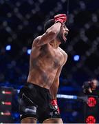 23 September 2022; Asael Adjoudj celebrates after defeating Jordan Barton by TKO during their featherweight bout during Bellator 285 at 3 Arena in Dublin. Photo by Sam Barnes/Sportsfile