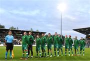 23 September 2022; The Republic of Ireland team during the National Anthem before the UEFA European U21 Championship play-off first leg match between Republic of Ireland and Israel at Tallaght Stadium in Dublin. Photo by Seb Daly/Sportsfile
