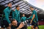 23 September 2022; Players, from left, Alan Browne, Callum Robinson and Jayson Molumby with Matthew Turnbull, FAI videographer, during a Republic of Ireland training session at Hampden Park in Glasgow, Scotland. Photo by Stephen McCarthy/Sportsfile