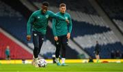 23 September 2022; Chiedozie Ogbene and Matt Doherty, right, during a Republic of Ireland training session at Hampden Park in Glasgow, Scotland. Photo by Stephen McCarthy/Sportsfile