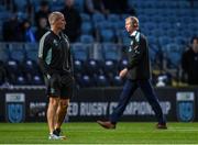 23 September 2022; Leinster senior coach Stuart Lancaster, left, and head coach Leo Cullen during the United Rugby Championship match between Leinster and Benetton at the RDS Arena in Dublin. Photo by Harry Murphy/Sportsfile