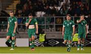 23 September 2022; Republic of Ireland players, from left, Jake O'Brien, Conor Coventry, Joe Hodge and Joe Redmond after their side conceded their first goal during the UEFA European U21 Championship play-off first leg match between Republic of Ireland and Israel at Tallaght Stadium in Dublin. Photo by Seb Daly/Sportsfile