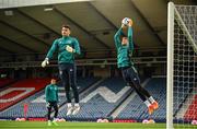 23 September 2022; Goalkeepers Mark Travers, right, and Max O'Leary during a Republic of Ireland training session at Hampden Park in Glasgow, Scotland. Photo by Stephen McCarthy/Sportsfile