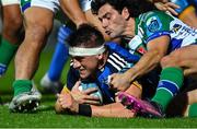 23 September 2022; Dan Sheehan of Leinster scores his and his side's second try despite the tackle of Sam Hidalgo-Clyne of Benetton during the United Rugby Championship match between Leinster and Benetton at the RDS Arena in Dublin. Photo by Brendan Moran/Sportsfile