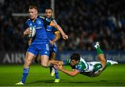 23 September 2022; Ciarán Frawley of Leinster is tackled by Joaquin Riera of Benetton during the United Rugby Championship match between Leinster and Benetton at the RDS Arena in Dublin. Photo by Harry Murphy/Sportsfile