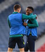 23 September 2022; Chiedozie Ogbene and Dara O'Shea, left, during a Republic of Ireland training session at Hampden Park in Glasgow, Scotland. Photo by Stephen McCarthy/Sportsfile