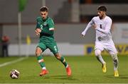 23 September 2022; Lee O'Connor of Republic of Ireland in action against Mohammad Kanaan of Israel during the UEFA European U21 Championship play-off first leg match between Republic of Ireland and Israel at Tallaght Stadium in Dublin. Photo by Seb Daly/Sportsfile