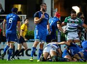 23 September 2022; Jason Jenkins of Leinster celebrates after teammate Dan Sheehan, not pictured, scores their side's third try during the United Rugby Championship match between Leinster and Benetton at the RDS Arena in Dublin. Photo by Brendan Moran/Sportsfile