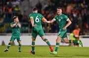 23 September 2022; Evan Ferguson of Republic of Ireland celebrates with teammate Conor Coventry, 6, after scoring their side's first goal during the UEFA European U21 Championship play-off first leg match between Republic of Ireland and Israel at Tallaght Stadium in Dublin. Photo by Seb Daly/Sportsfile