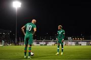 23 September 2022; Tyreik Wright, right, and Will Smallbone of Republic of Ireland prepare for a free kick during the UEFA European U21 Championship play-off first leg match between Republic of Ireland and Israel at Tallaght Stadium in Dublin. Photo by Eóin Noonan/Sportsfile