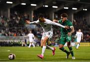 23 September 2022; Stav Lemkin of Israel in action against Aaron Connolly of Republic of Ireland during the UEFA European U21 Championship play-off first leg match between Republic of Ireland and Israel at Tallaght Stadium in Dublin. Photo by Eóin Noonan/Sportsfile